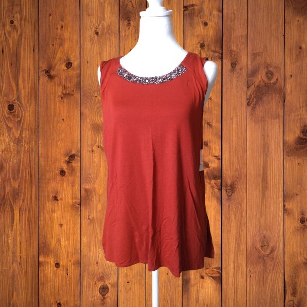 Liz Claiborne Petites Large PL Sleeveless Beaded Neckline Red Pullover Top NEW
